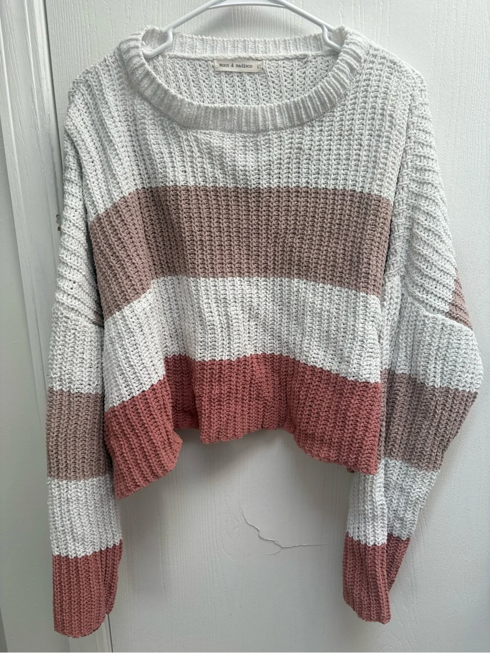 moon & madison White, Dusty Rose & Mauve Stripe Knit Sweater